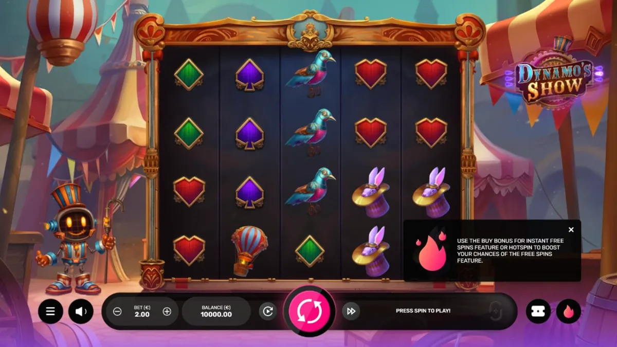 Robot ringmaster memandu permainan slot Dynamo’s Show di layar ponsel
