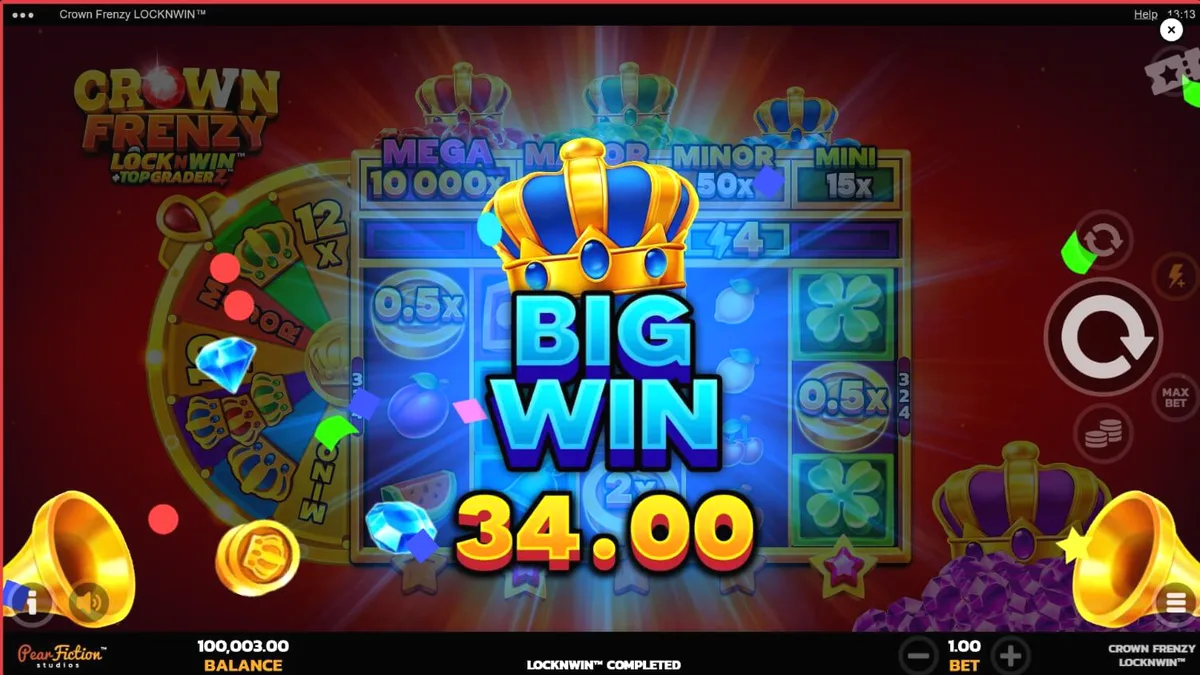 Tampilan visual mewah slot Crown Frenzy LockNWin dengan tema kerajaan dan permata.